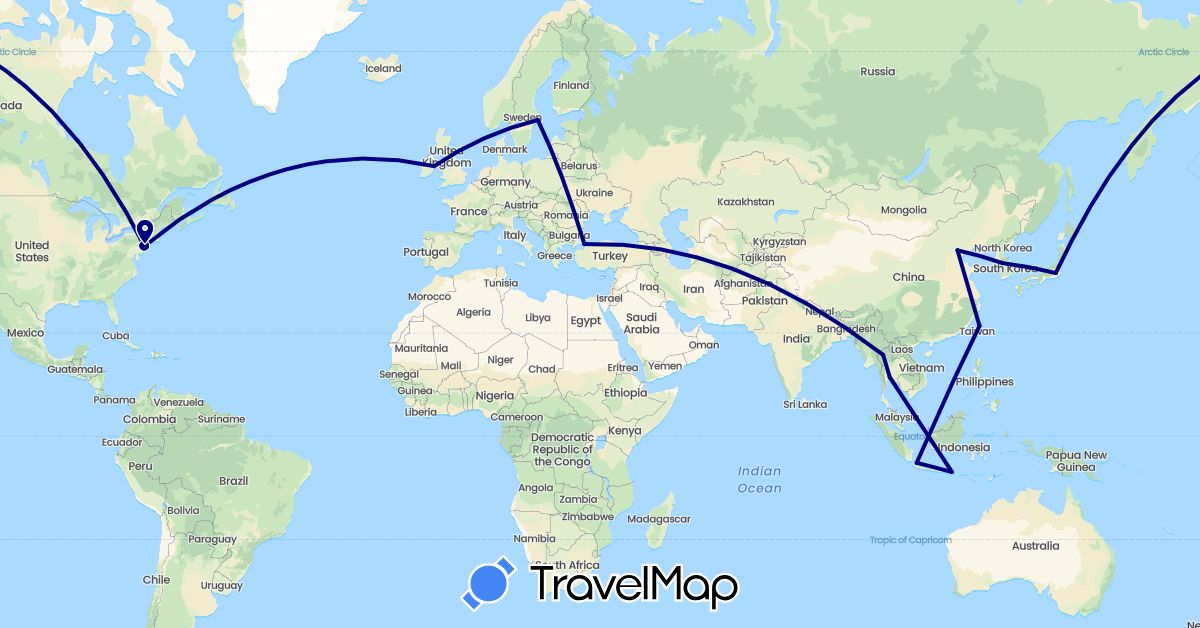 TravelMap itinerary: driving in China, Indonesia, Ireland, Japan, South Korea, Sweden, Thailand, Turkey, Taiwan, United States (Asia, Europe, North America)